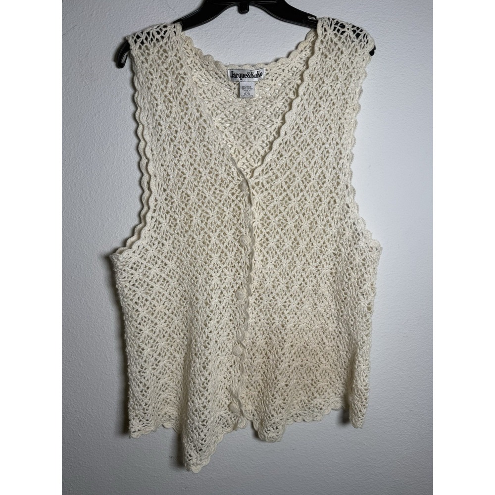 Y2K Crochet Vest Womens 14/16 Cream Boho Festival Western Country Hippie